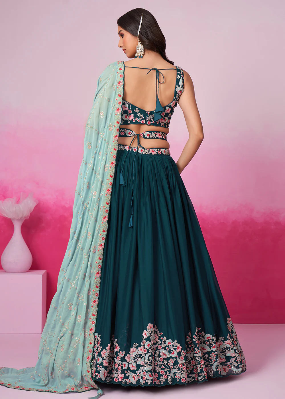 Teal Pure Georgette Sequins Embroidered Lehenga Choli - Image 3