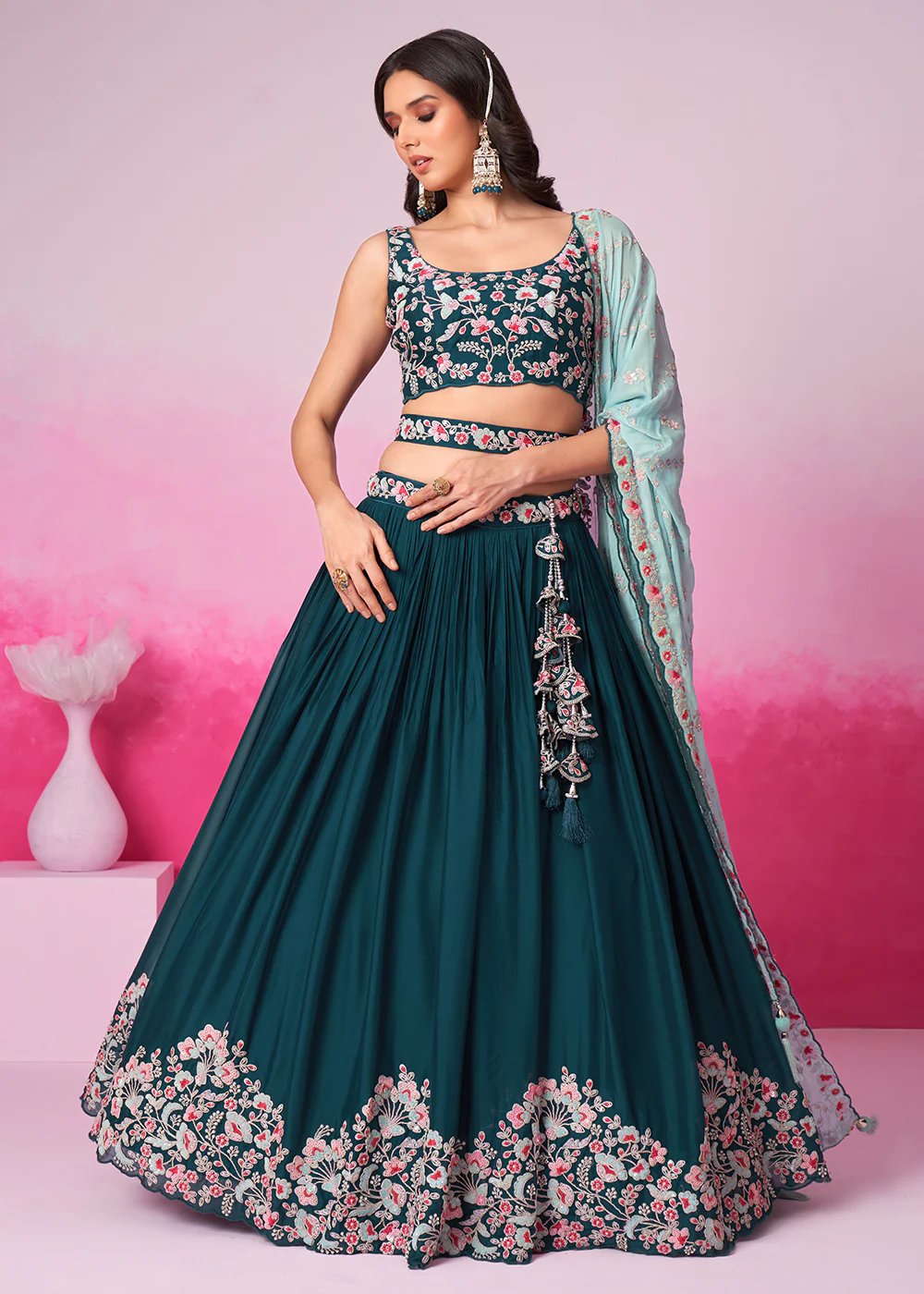 Teal Pure Georgette Sequins Embroidered Lehenga Choli - Image 4