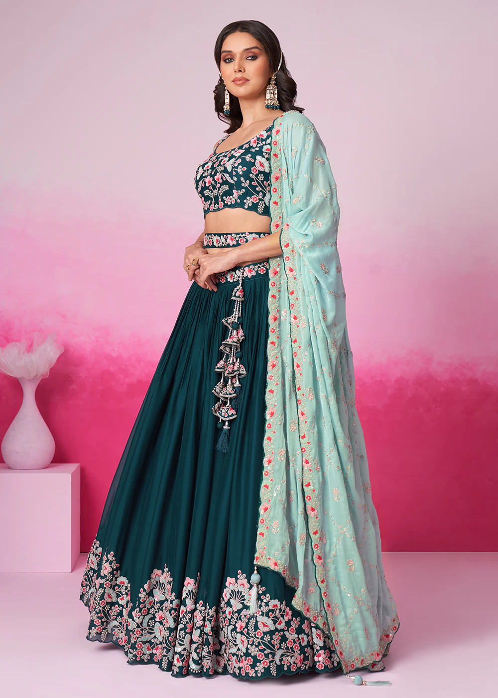 Teal Pure Georgette Sequins Embroidered Lehenga Choli - Image 5