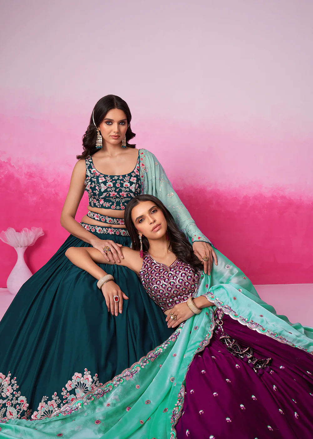Teal Pure Georgette Sequins Embroidered Lehenga Choli - Image 7