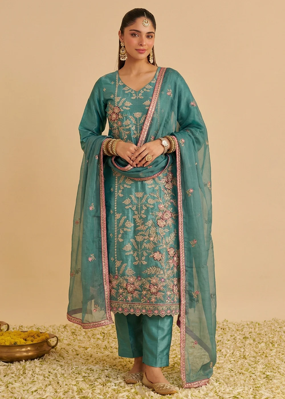 Teal Pure Shimmer SIlk Embroidered Salwar Kurta Dress