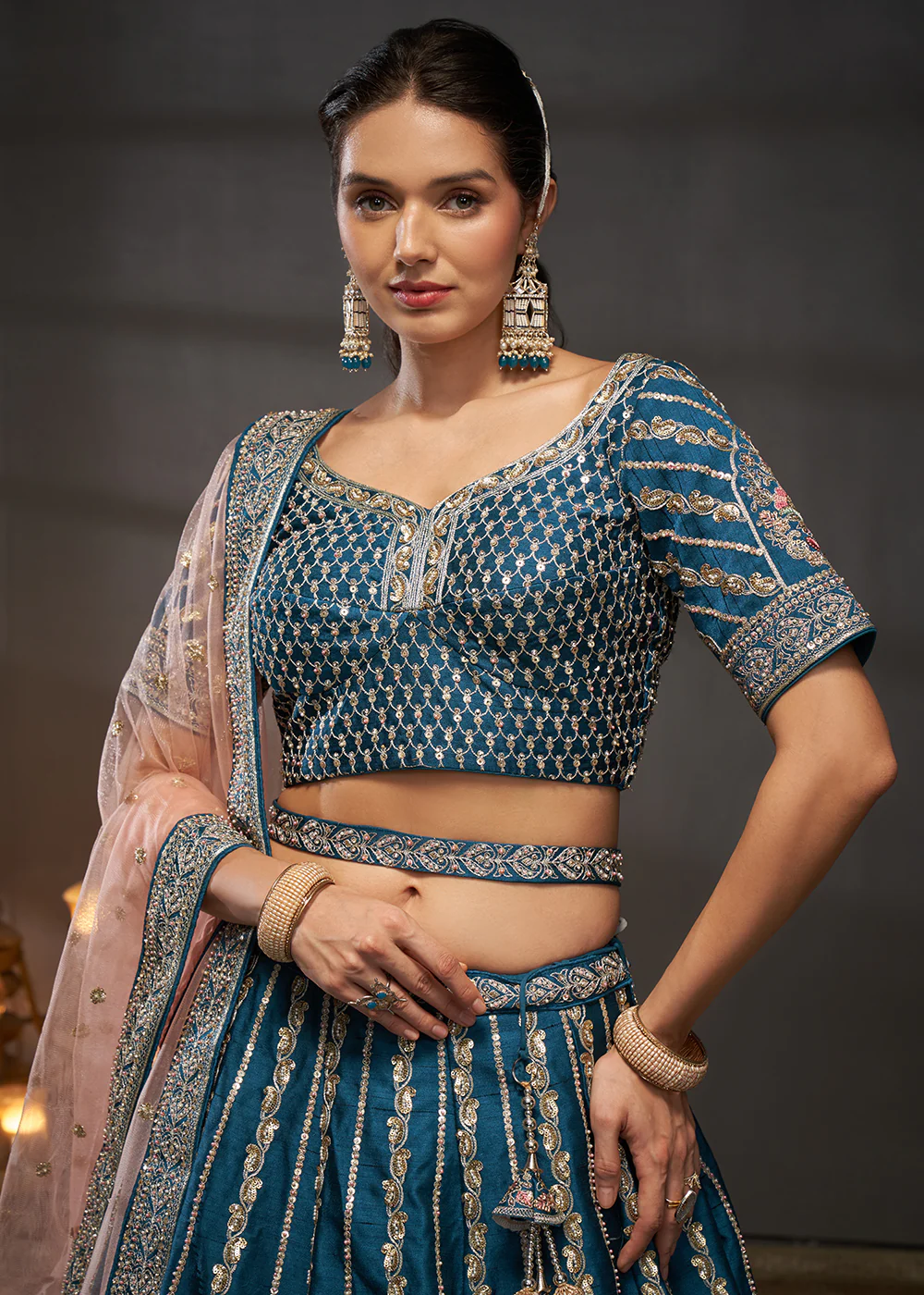 Teal Pure Silk Sabyasachi Style Bridal Lehenga Choli - Image 2