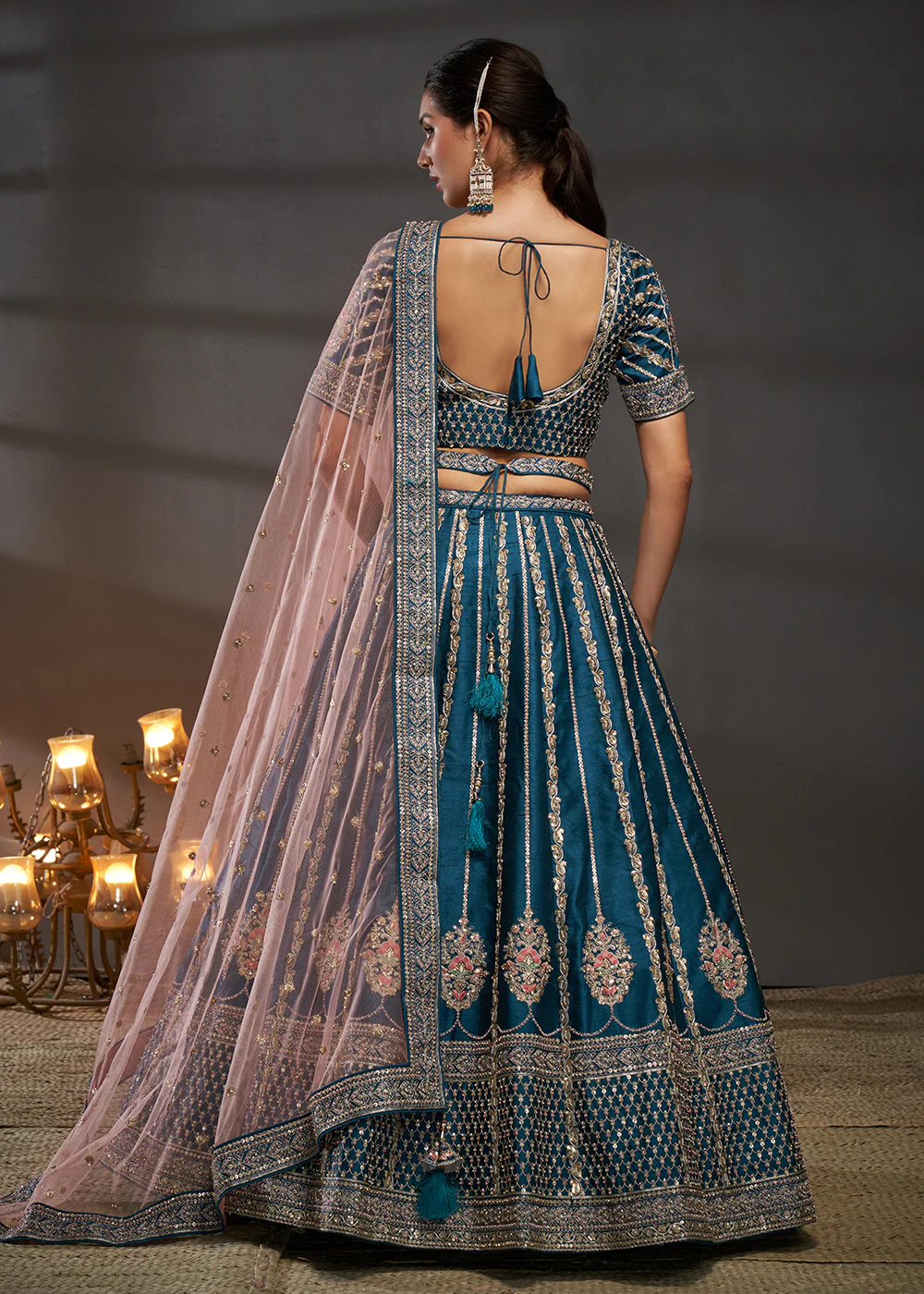 Teal Pure Silk Sabyasachi Style Bridal Lehenga Choli - Image 3