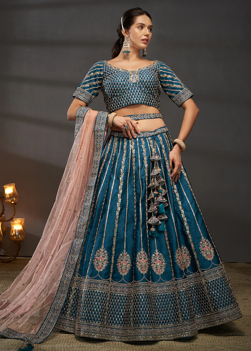 Teal Pure Silk Sabyasachi Style Bridal Lehenga Choli - Image 4