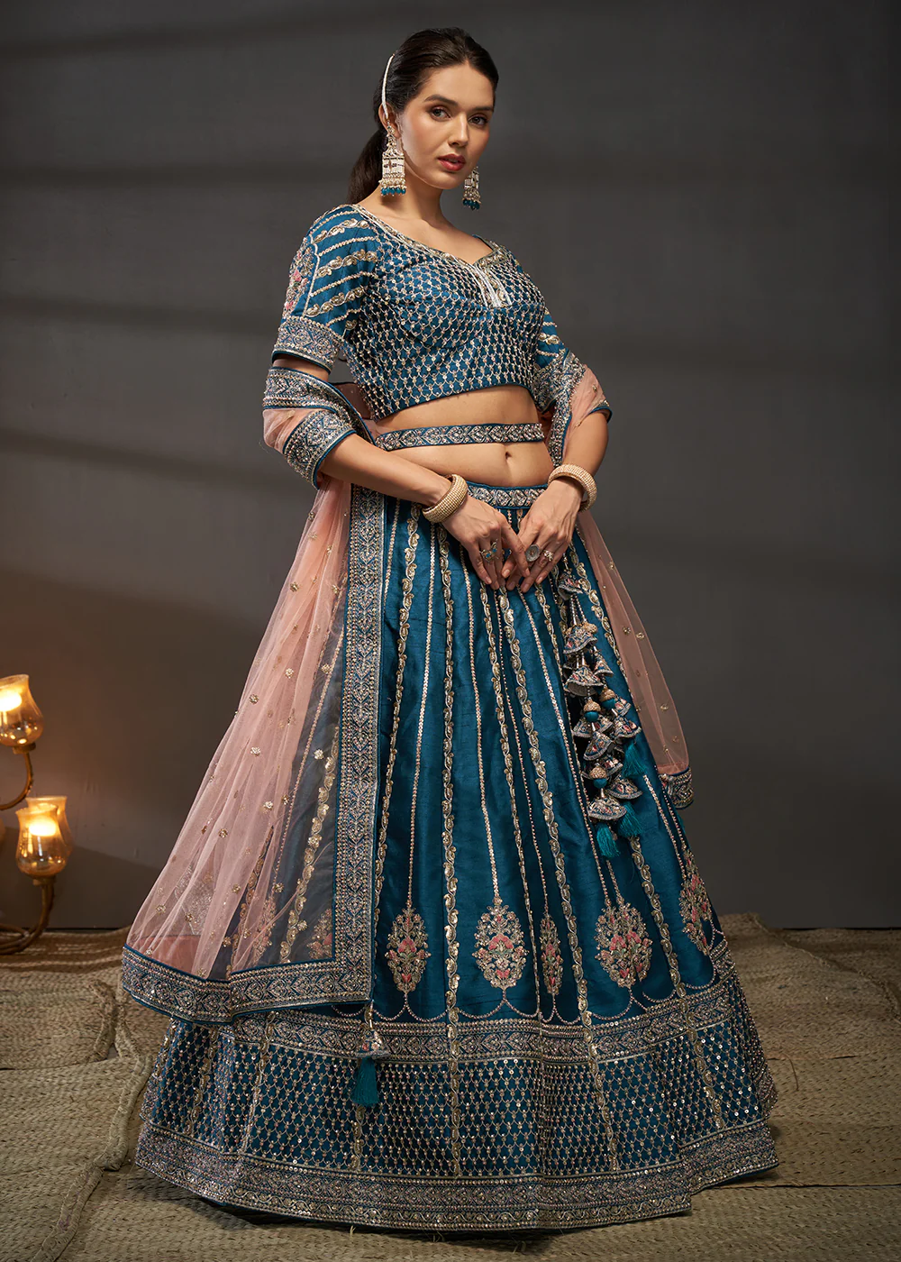 Teal Pure Silk Sabyasachi Style Bridal Lehenga Choli - Image 5