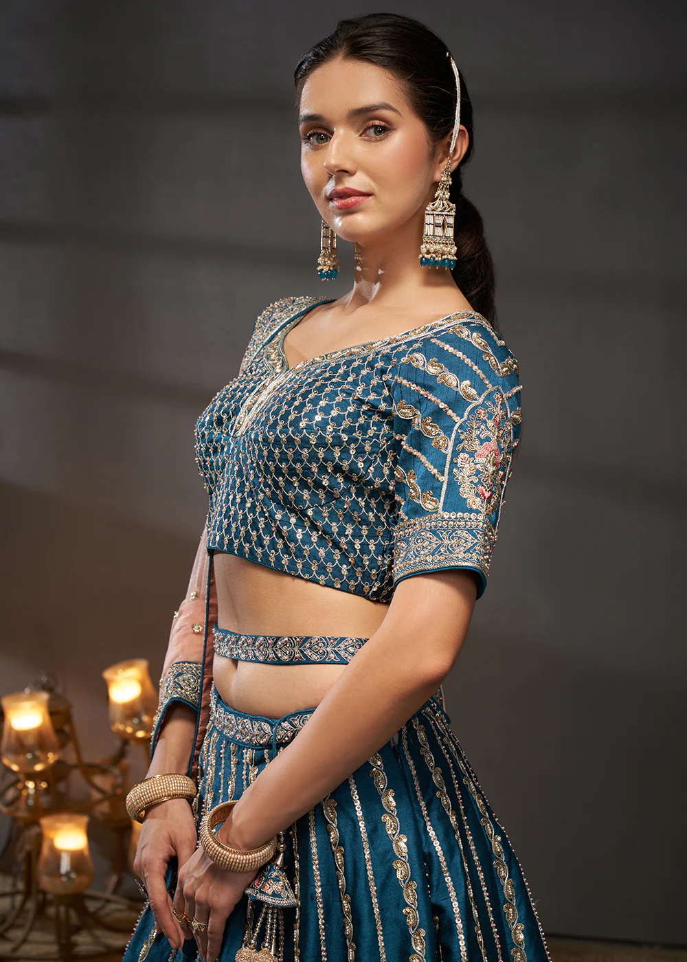 Teal Pure Silk Sabyasachi Style Bridal Lehenga Choli - Image 6