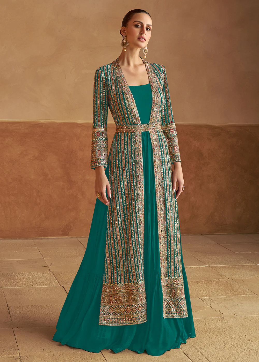 Teal Real Georgette Jacket Style Anarkali Dress