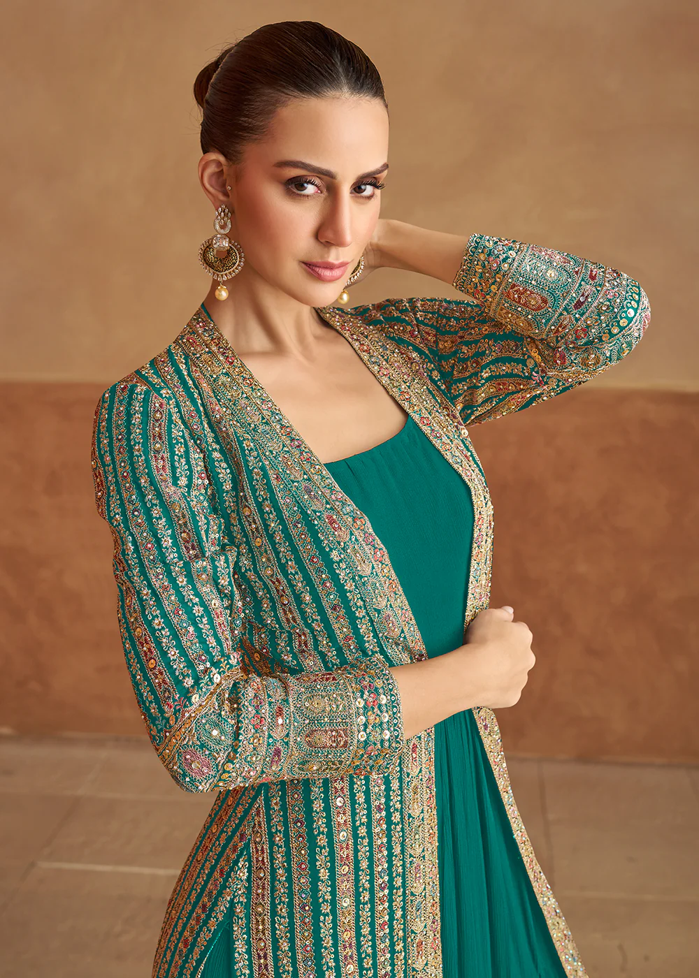 Teal Real Georgette Jacket Style Anarkali Dress - Image 2