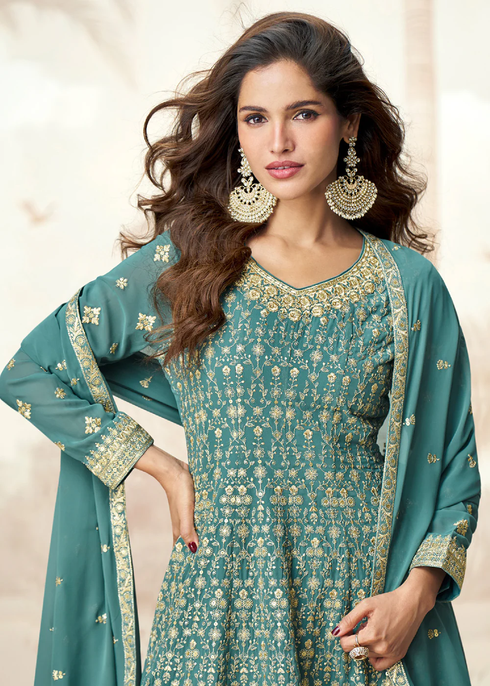 Teal Real Georgettte Wedding Festive Style Palazzo Suit - Image 2
