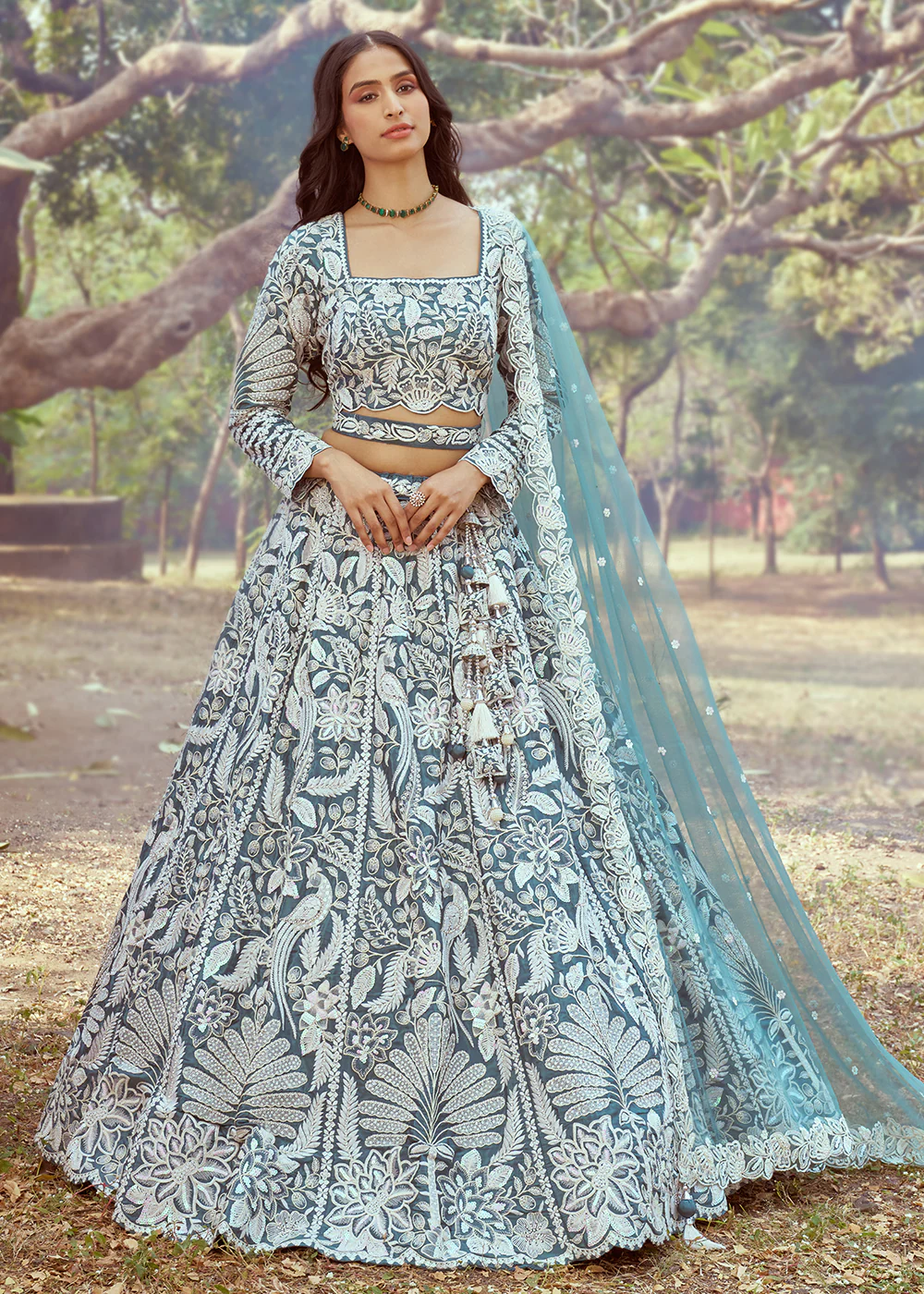 Teal Satin Sequins Embroidered Designer Lehenga Choli