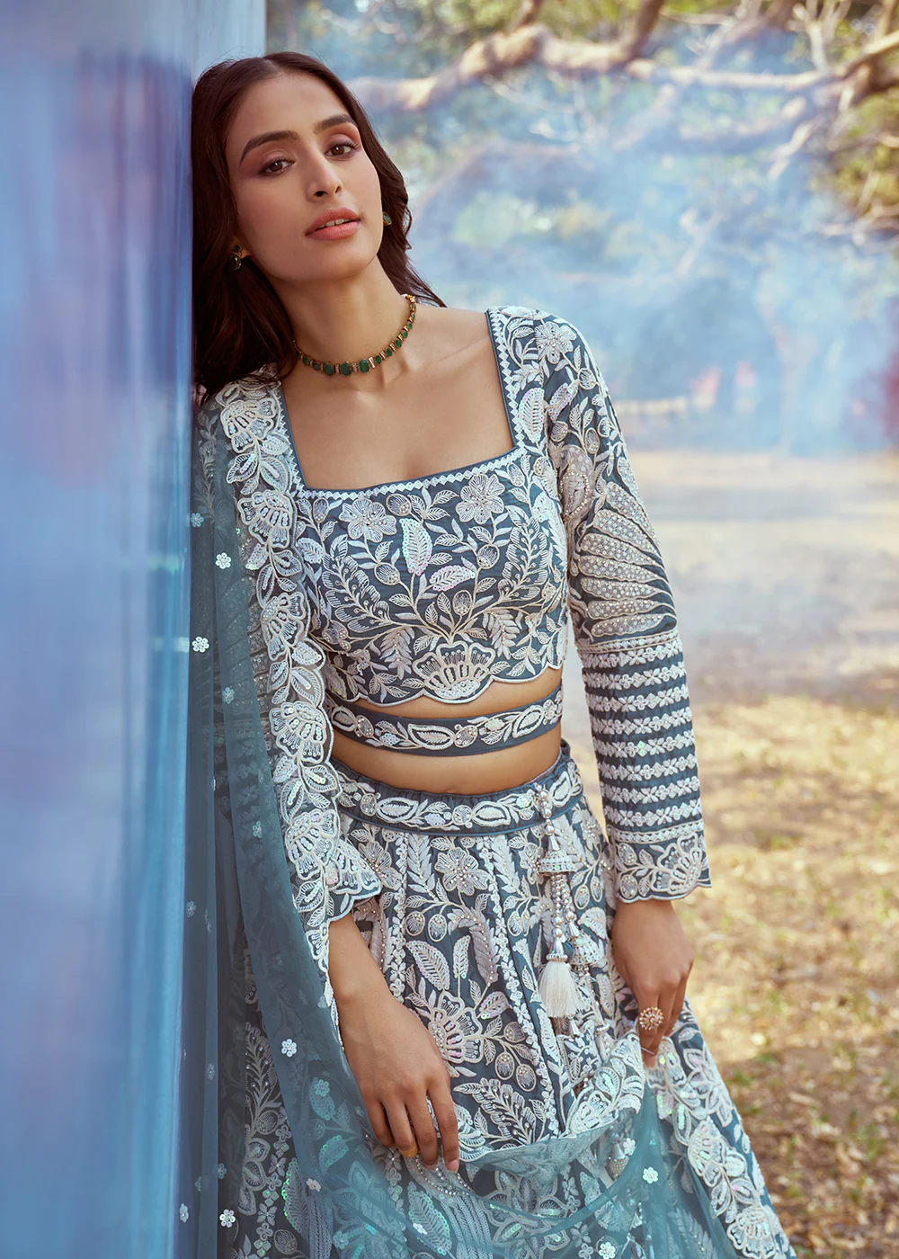 Teal Satin Sequins Embroidered Designer Lehenga Choli - Image 2