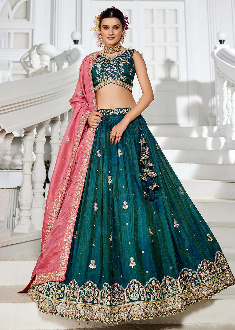 Teal Satin Sequins Embroidered Sangeet Lehenga Choli