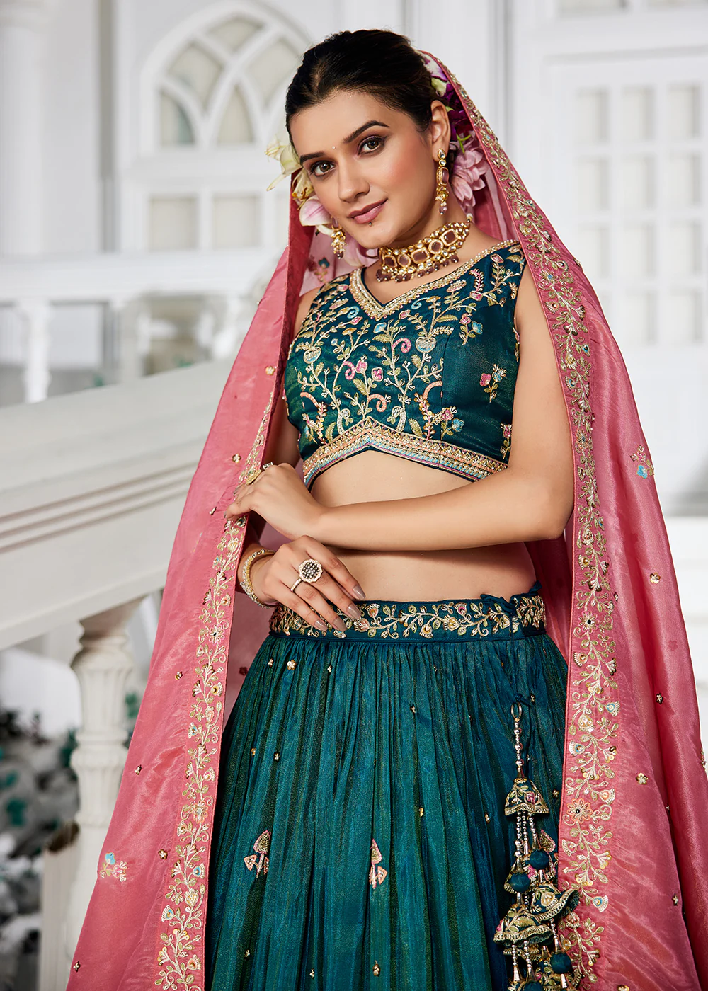 Teal Satin Sequins Embroidered Sangeet Lehenga Choli - Image 2