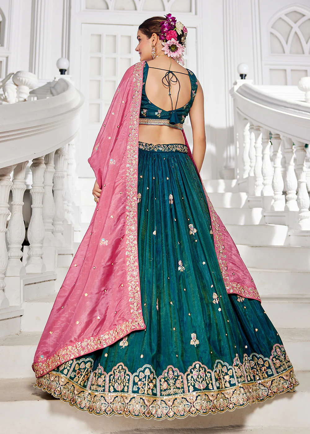Teal Satin Sequins Embroidered Sangeet Lehenga Choli - Image 3