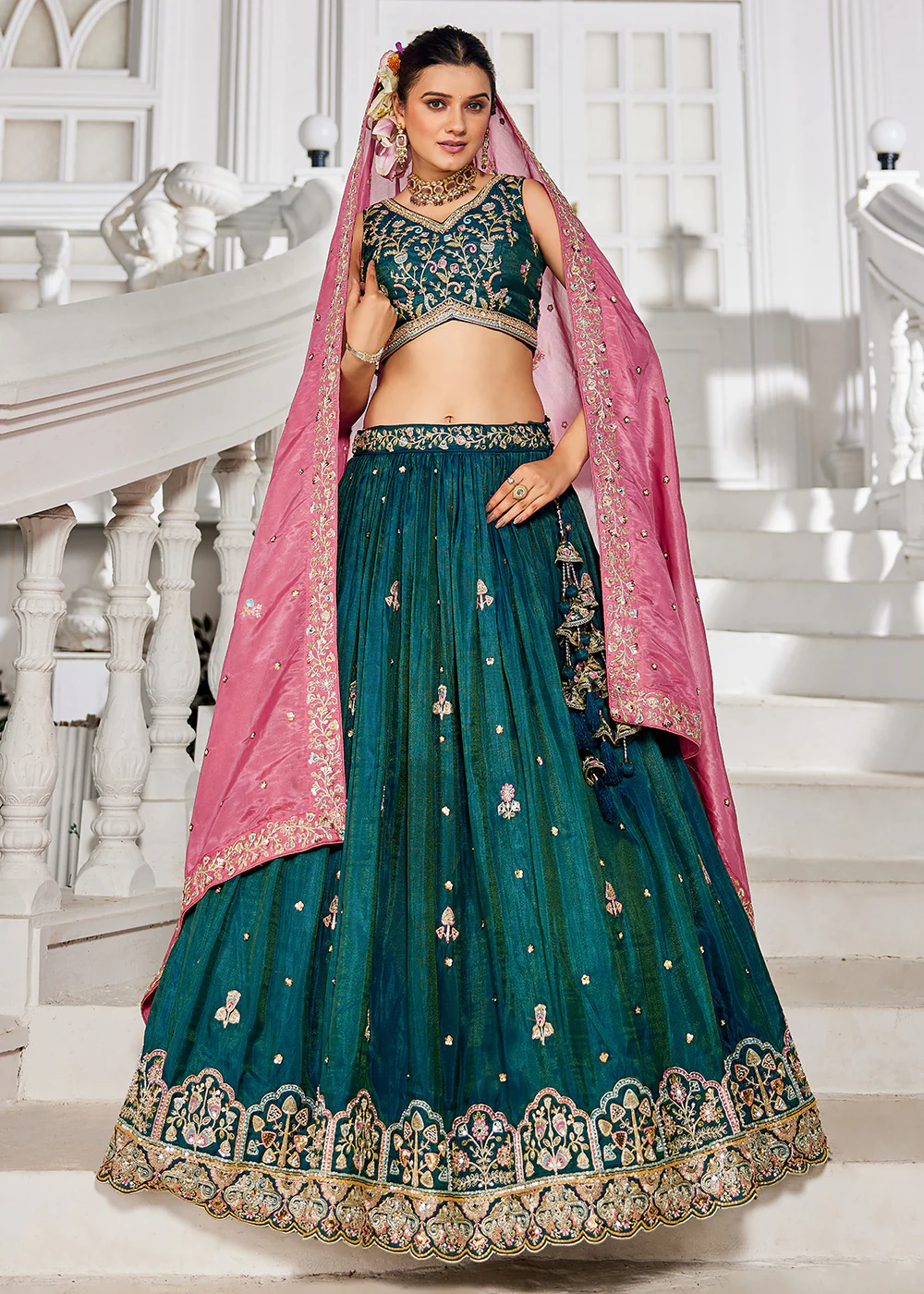 Teal Satin Sequins Embroidered Sangeet Lehenga Choli - Image 4
