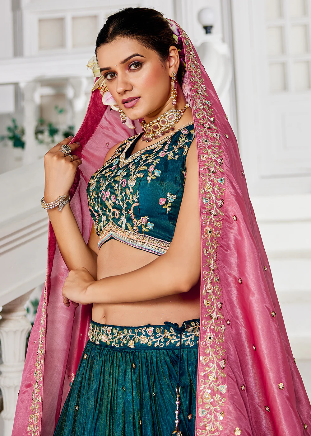 Teal Satin Sequins Embroidered Sangeet Lehenga Choli - Image 5