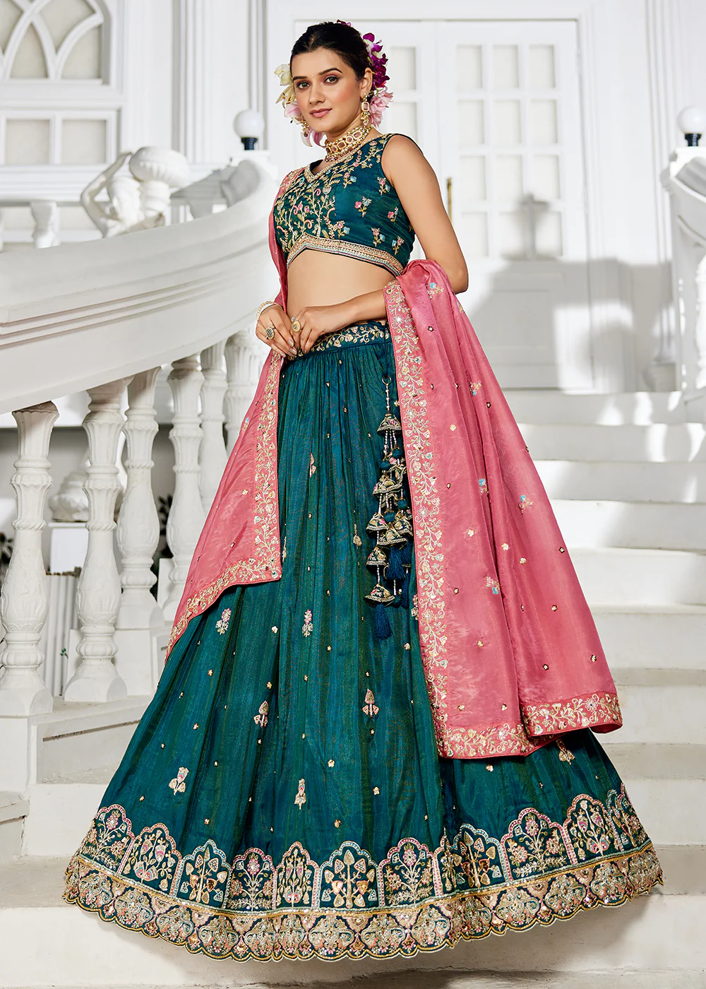 Teal Satin Sequins Embroidered Sangeet Lehenga Choli - Image 6