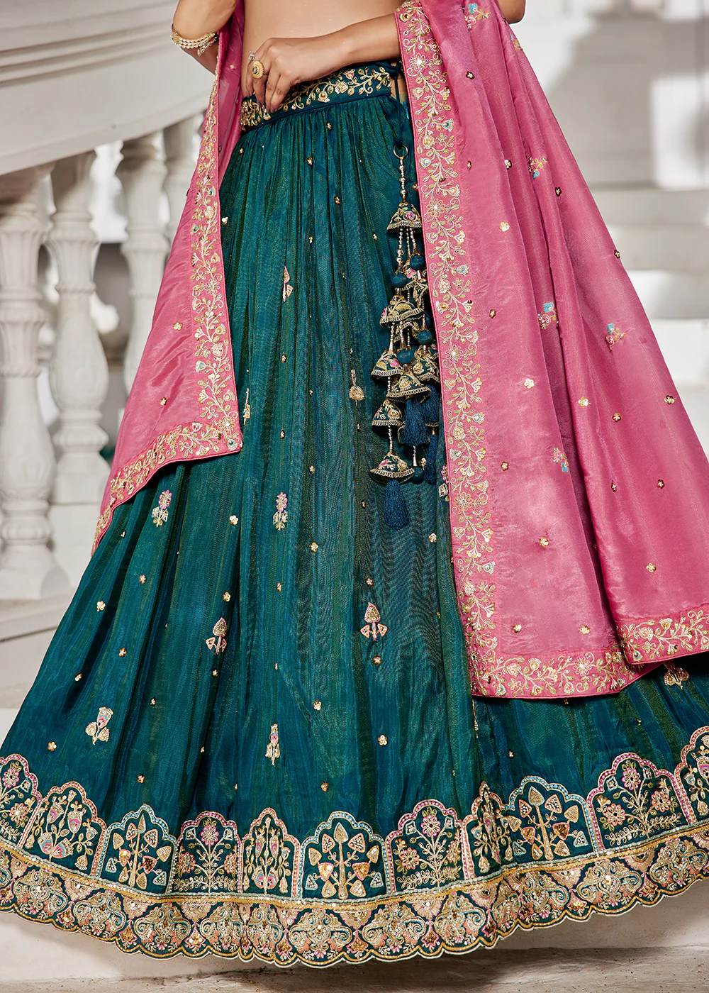 Teal Satin Sequins Embroidered Sangeet Lehenga Choli - Image 7