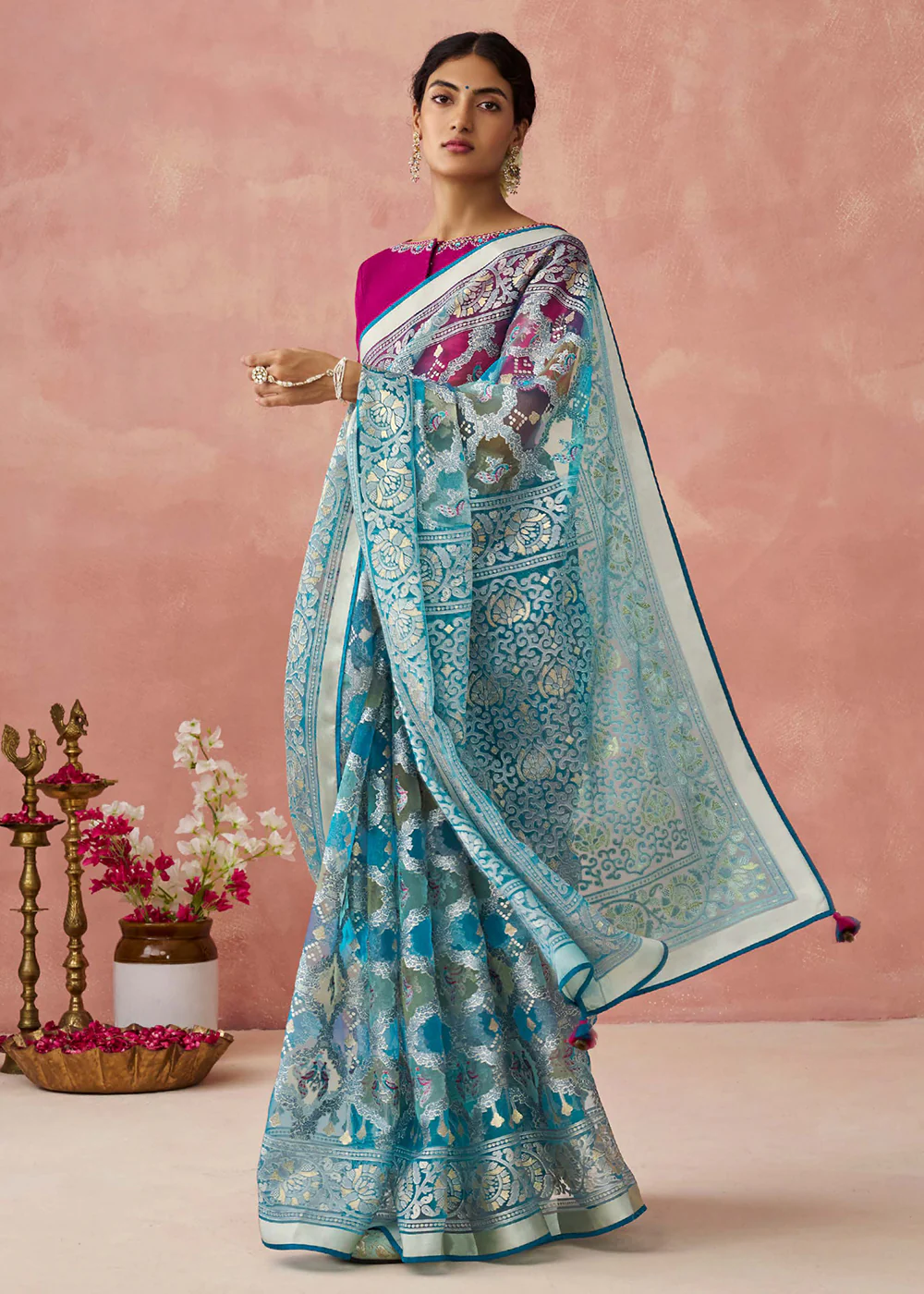 Teal Soft Brasso Organza Printed Festive Classic Saree