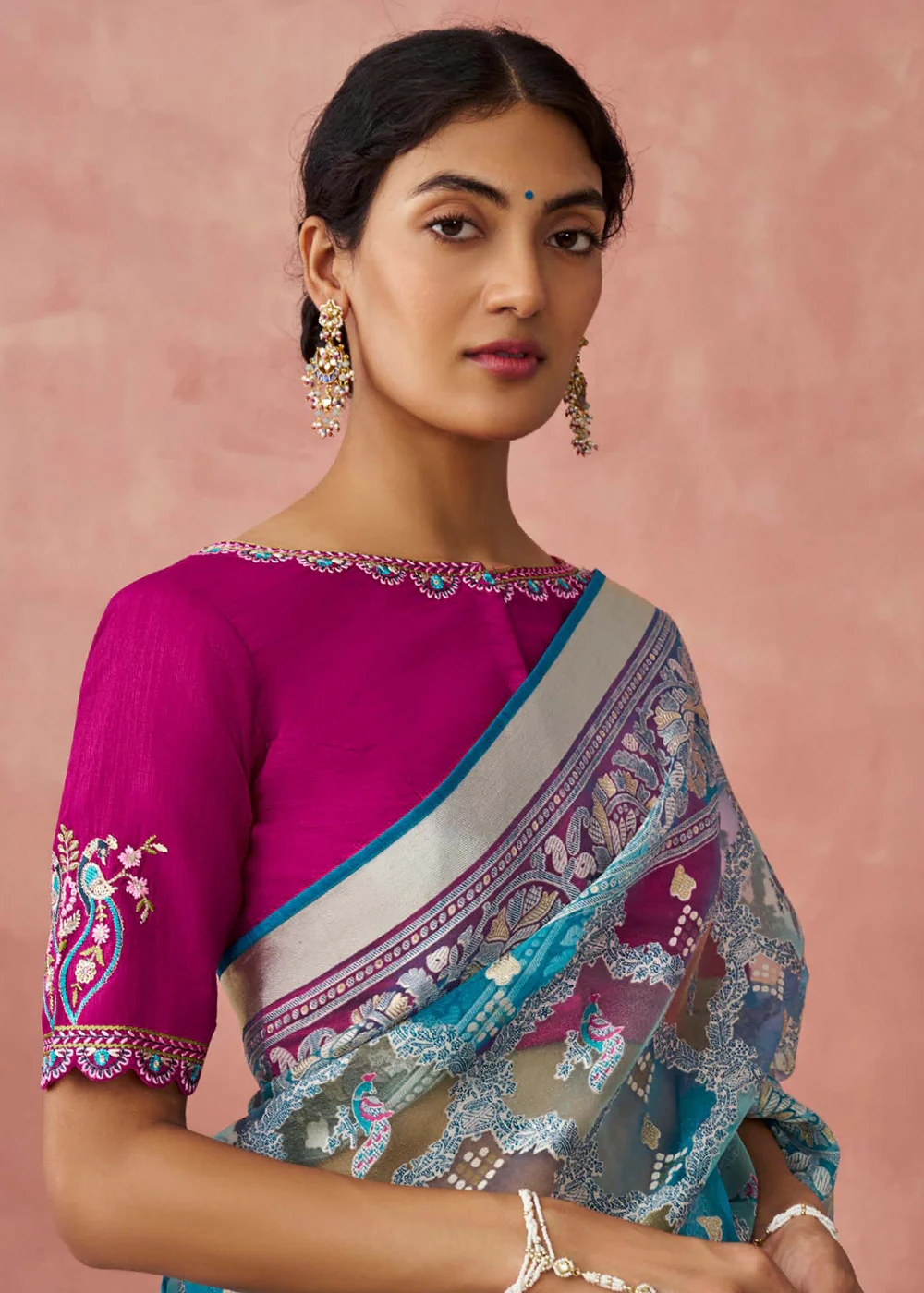 Teal Soft Brasso Organza Printed Festive Classic Saree - Image 2