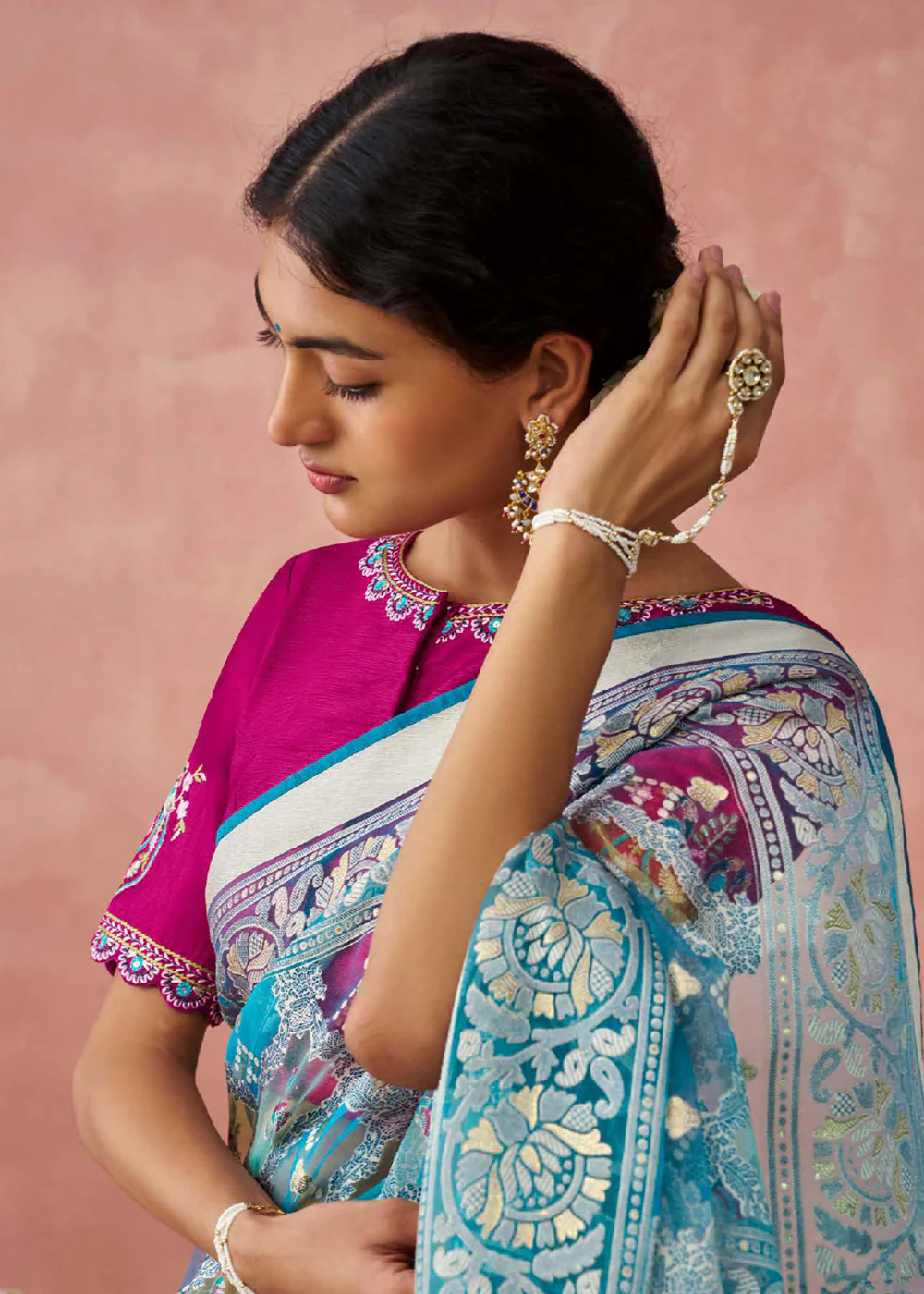 Teal Soft Brasso Organza Printed Festive Classic Saree - Image 4
