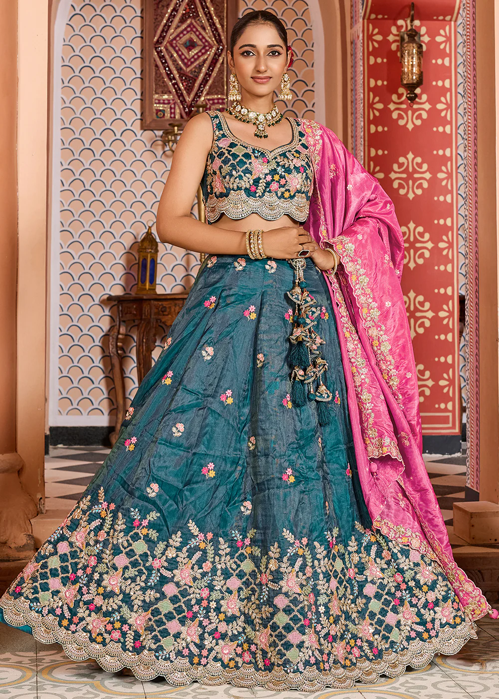 Teal Tissue Embroidered Lehenga Choli with Pink Dupatta