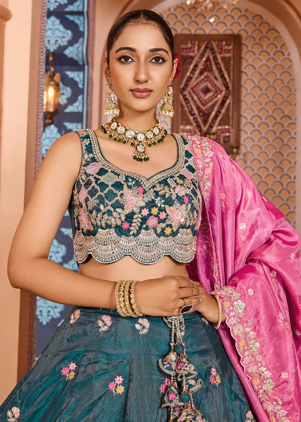Teal Tissue Embroidered Lehenga Choli with Pink Dupatta - Image 2
