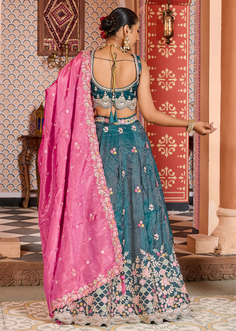 Teal Tissue Embroidered Lehenga Choli with Pink Dupatta - Image 3