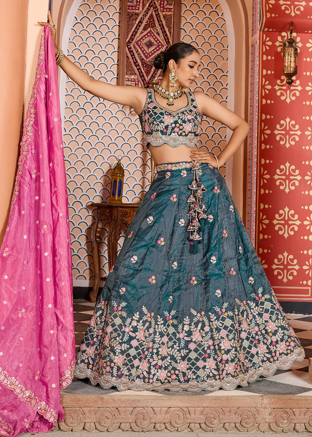 Teal Tissue Embroidered Lehenga Choli with Pink Dupatta - Image 4