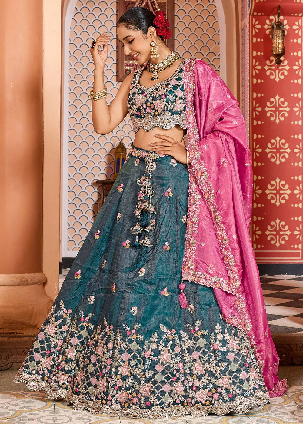 Teal Tissue Embroidered Lehenga Choli with Pink Dupatta - Image 5