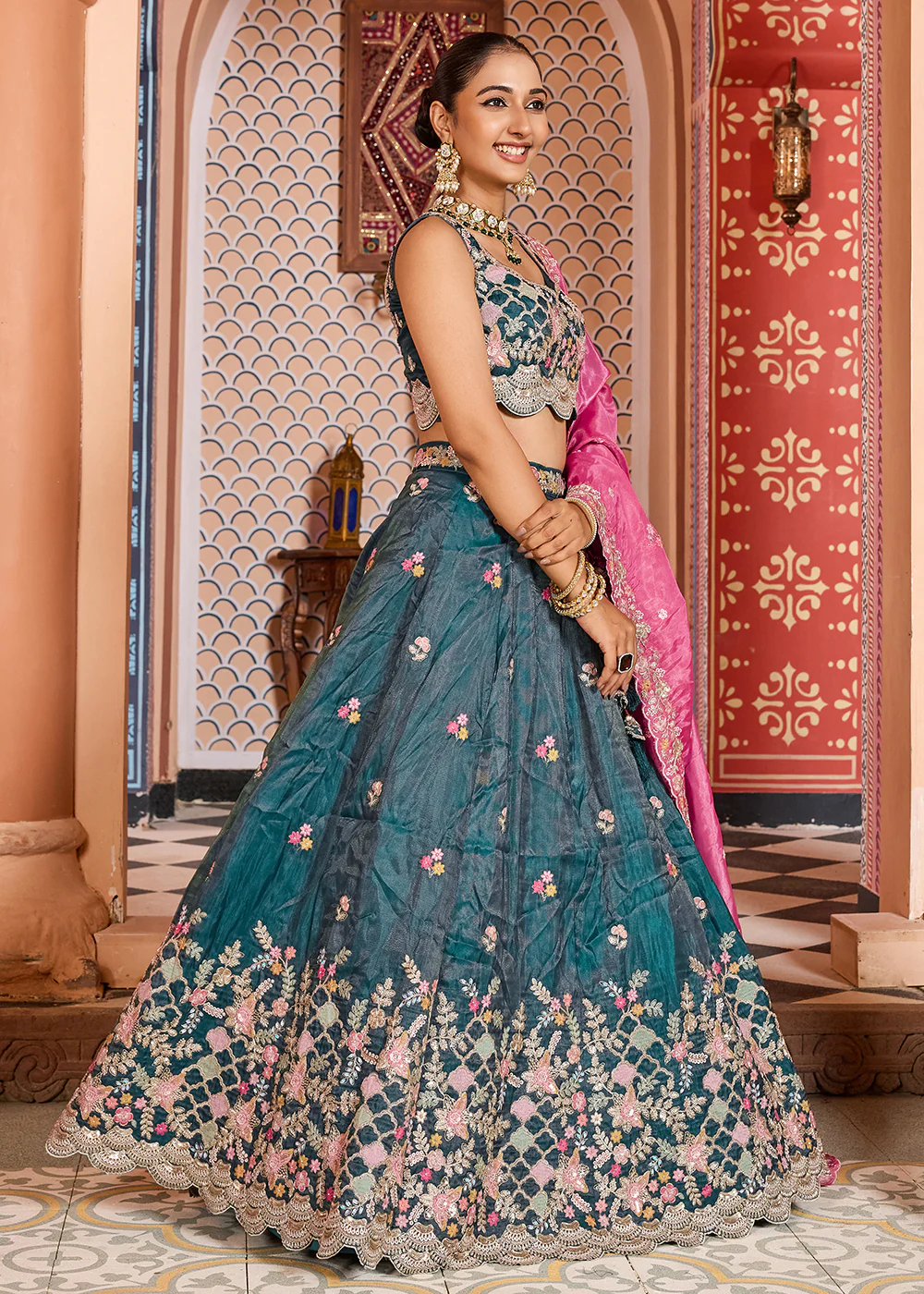 Teal Tissue Embroidered Lehenga Choli with Pink Dupatta - Image 6