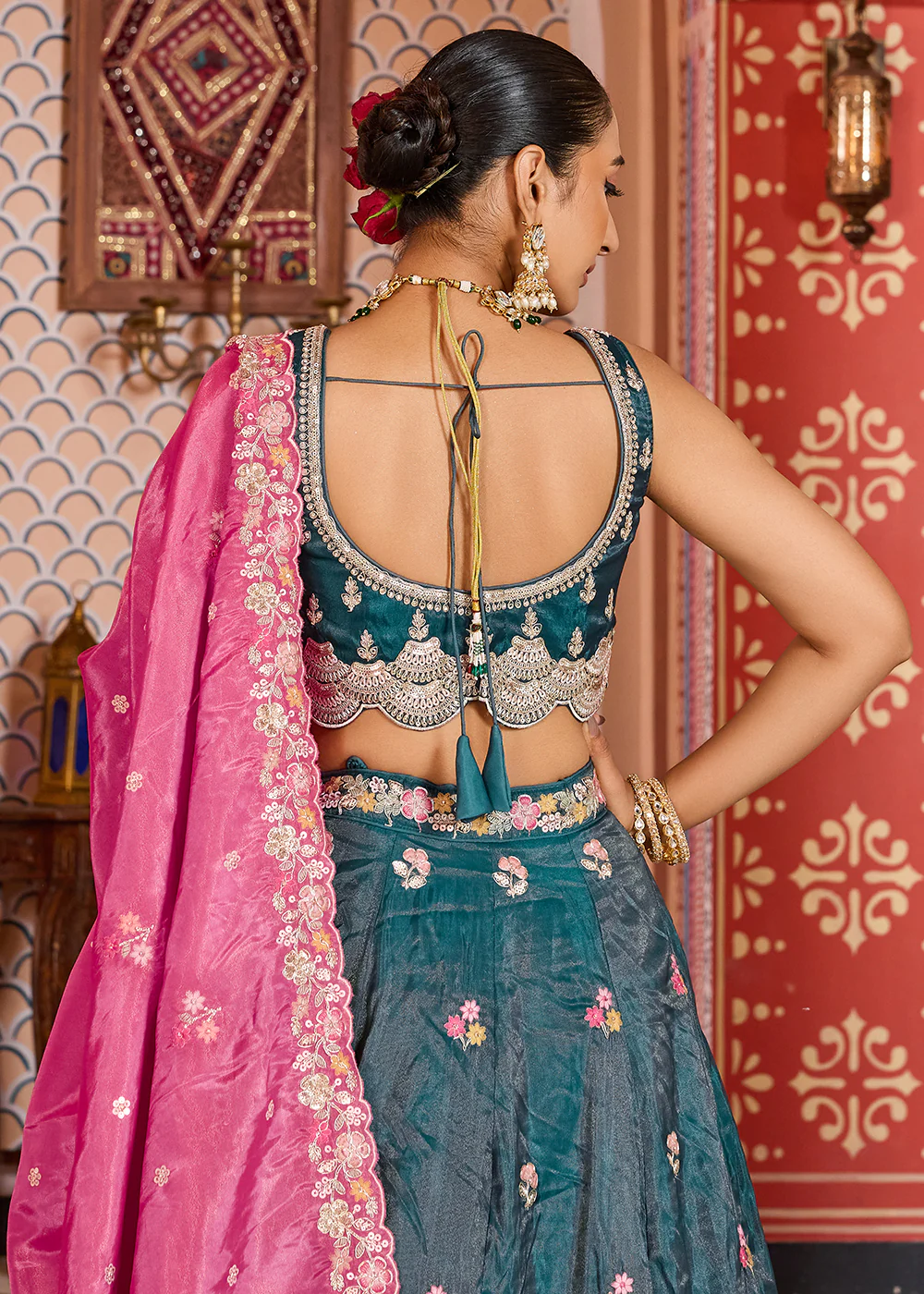 Teal Tissue Embroidered Lehenga Choli with Pink Dupatta - Image 7