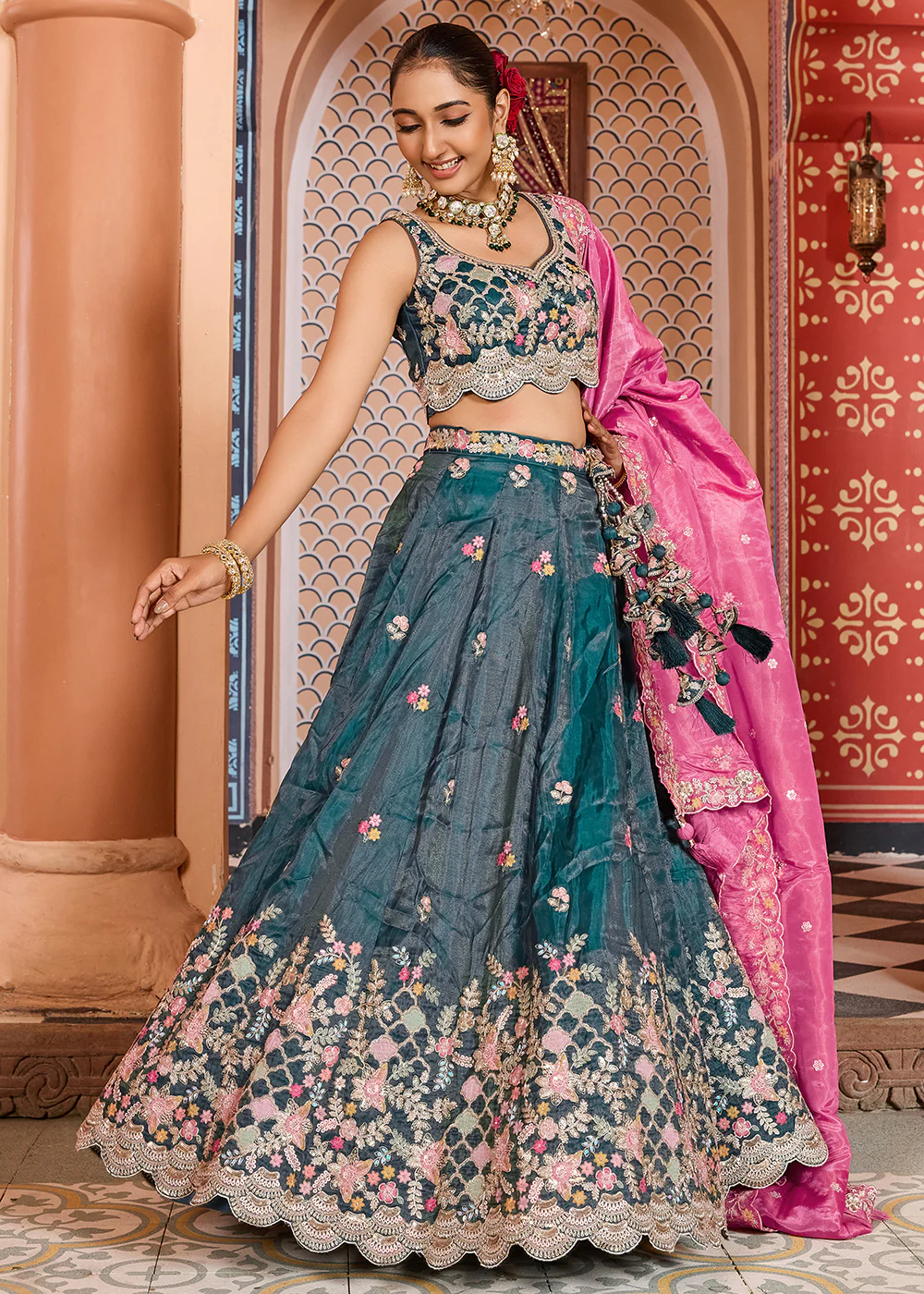 Teal Tissue Embroidered Lehenga Choli with Pink Dupatta - Image 8