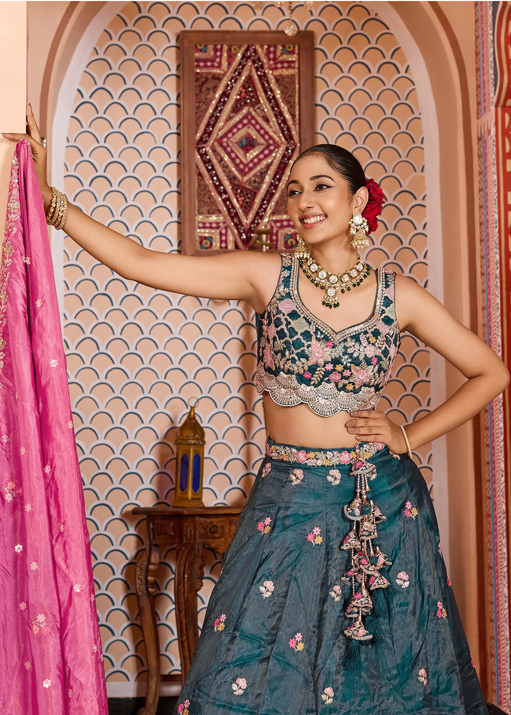 Teal Tissue Embroidered Lehenga Choli with Pink Dupatta - Image 9