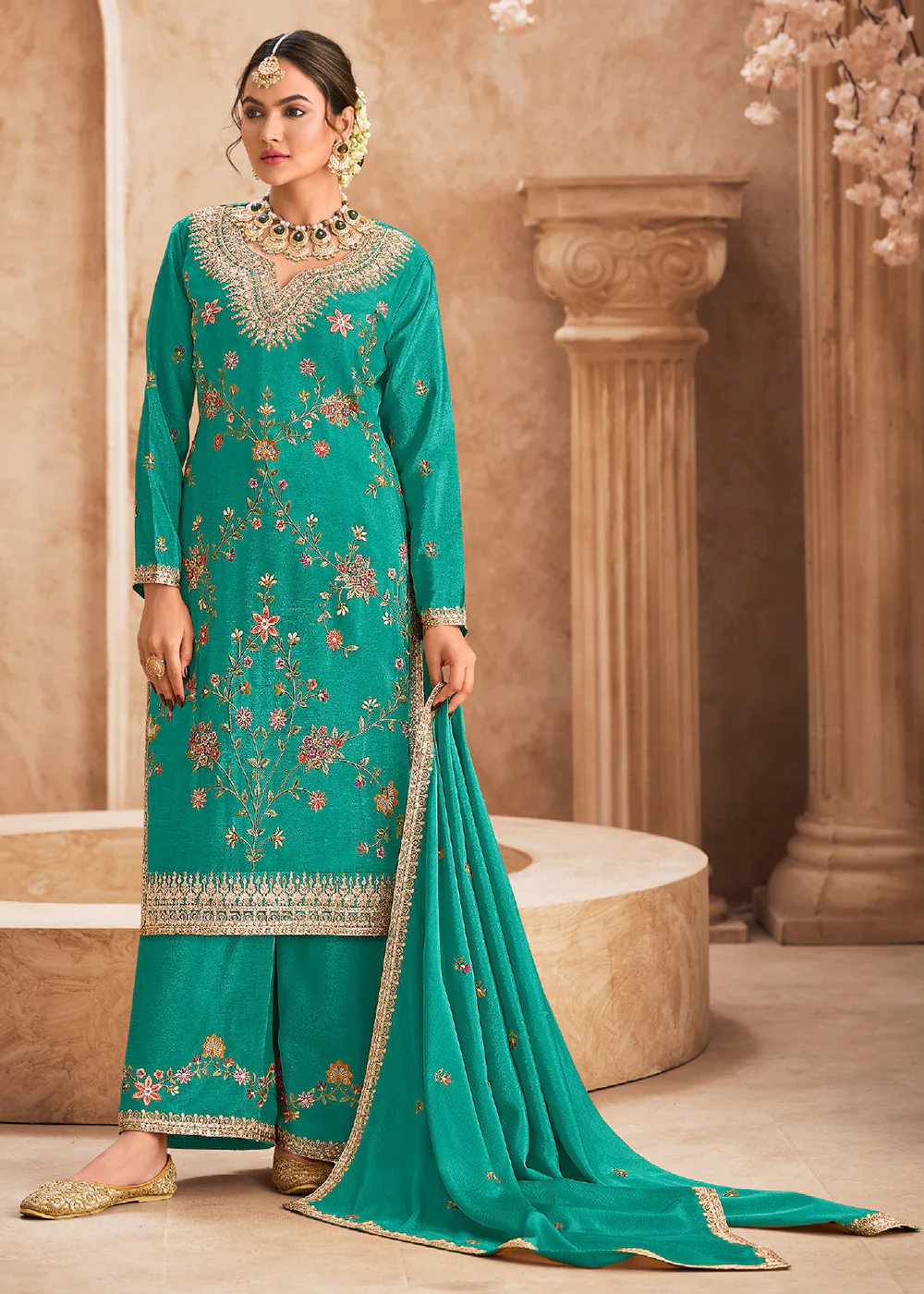 Teal Wedding Festive Embroidered Palazzo Suit
