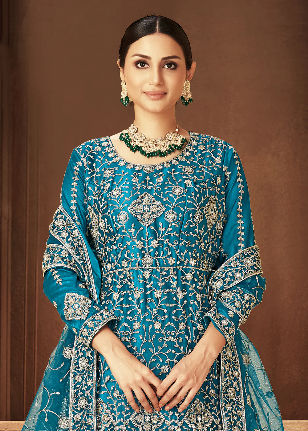 Teal Zarkan Diamond Embroidered Bridal Anarkali Suit - Image 2