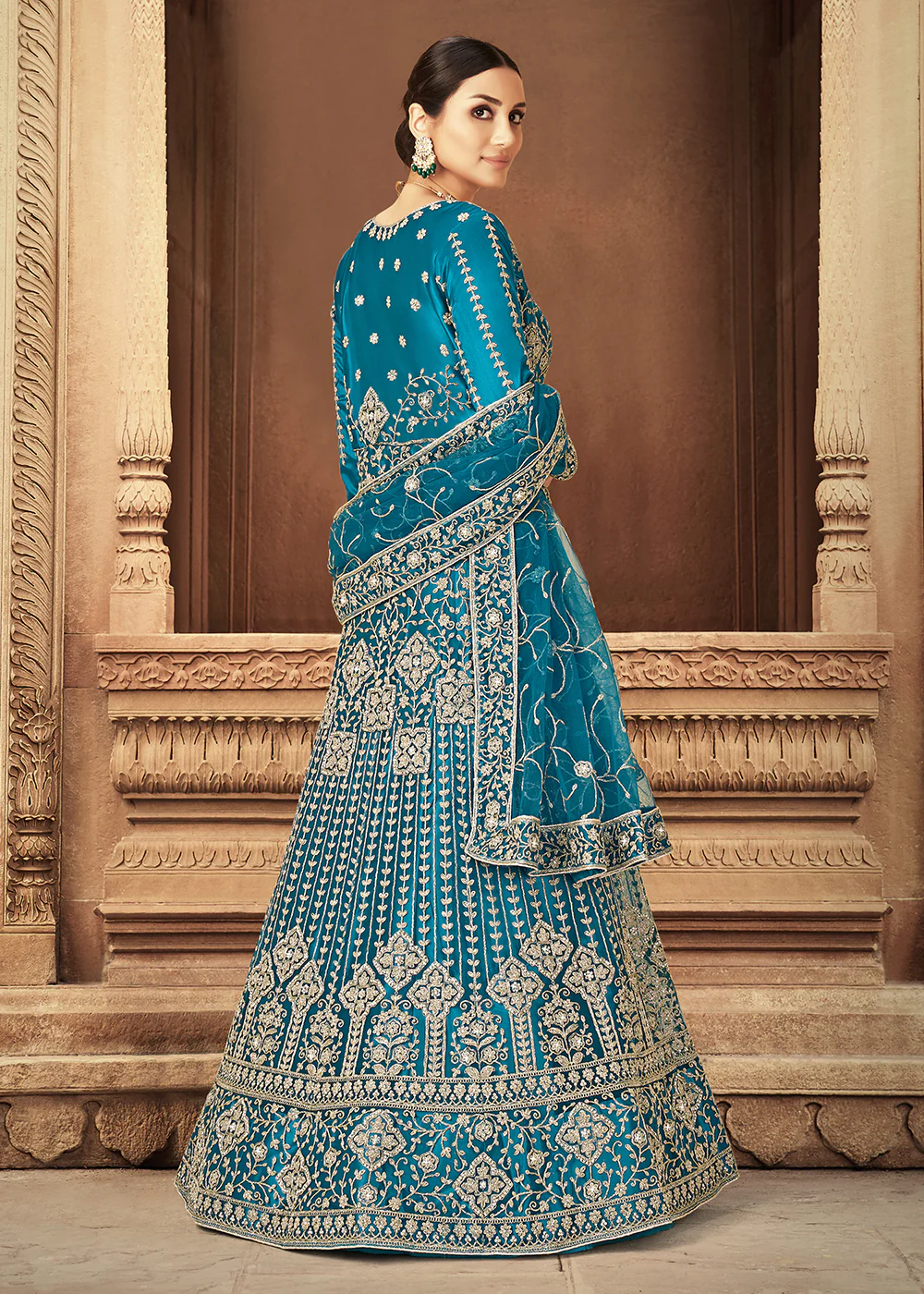 Teal Zarkan Diamond Embroidered Bridal Anarkali Suit - Image 3