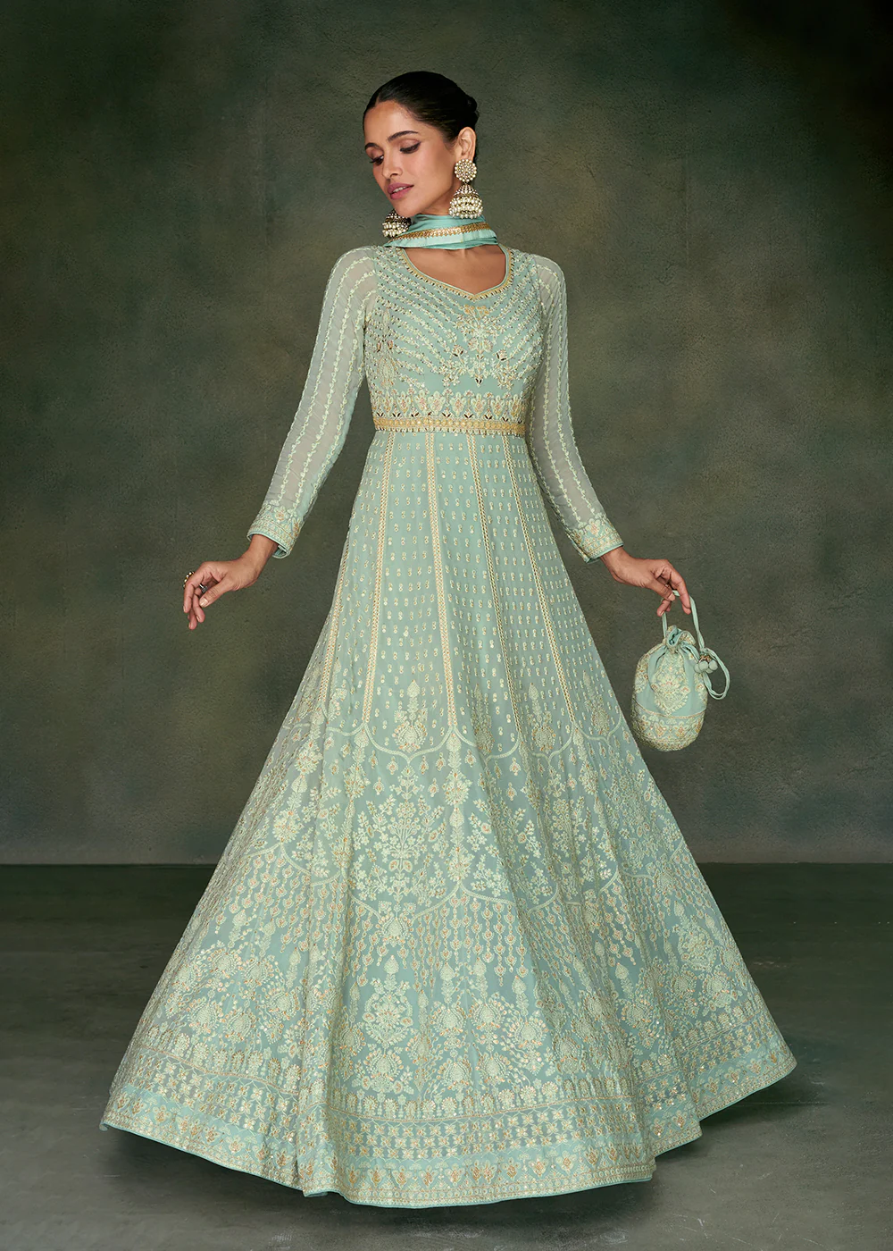 Tempting Aqua Green Georgette Embroidered Wedding Anarkali Suit - Image 3
