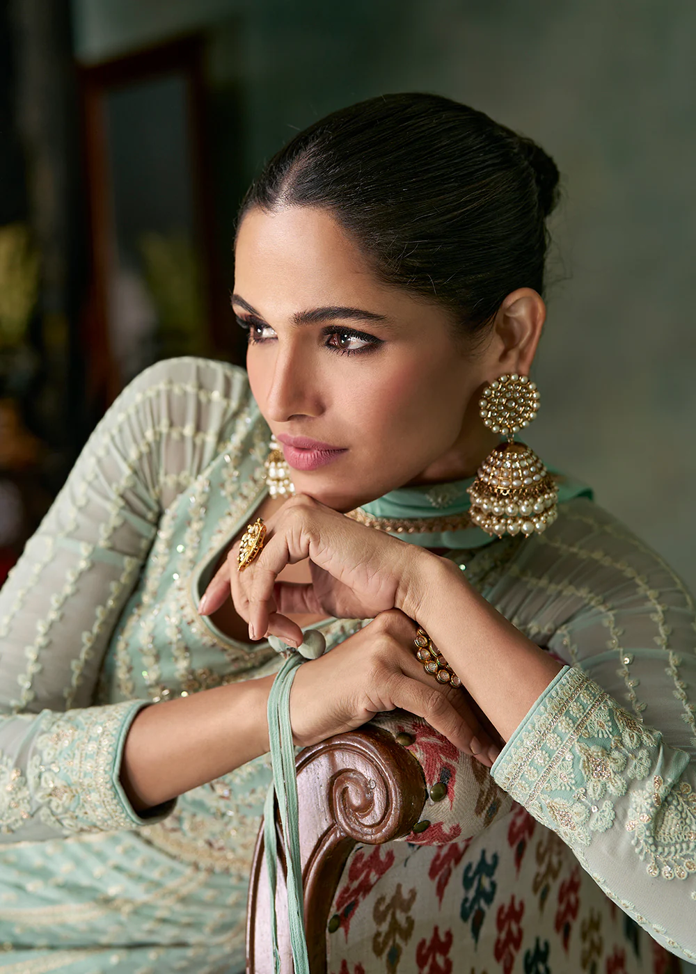Tempting Aqua Green Georgette Embroidered Wedding Anarkali Suit - Image 4