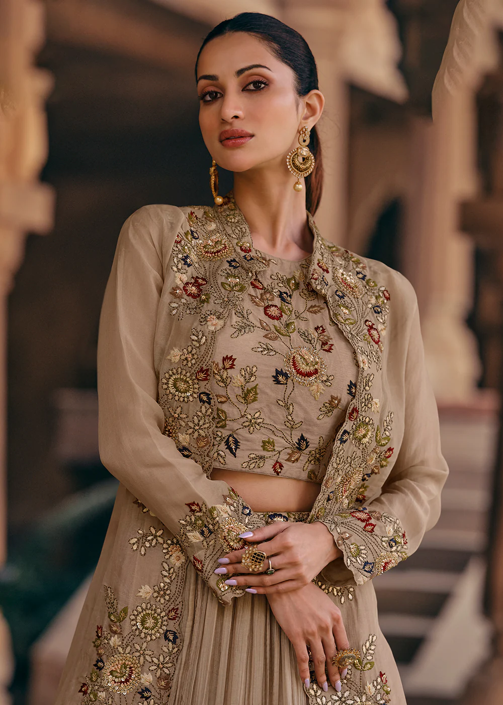Tempting Beige Embroidered Designer Indo Western Dress - Image 2