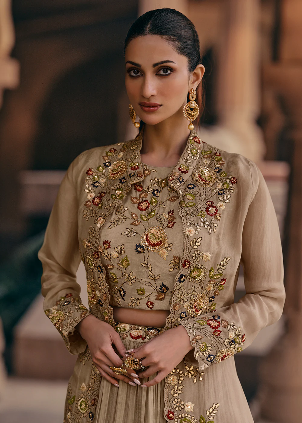 Tempting Beige Embroidered Designer Indo Western Dress - Image 4