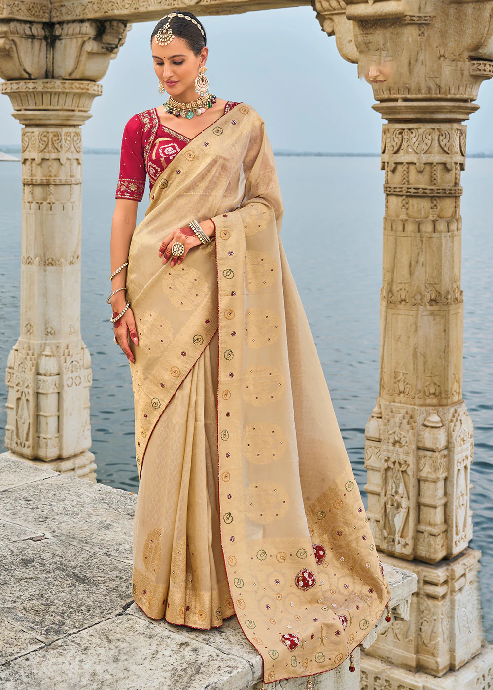 Tempting Beige Kanjivaram Silk Designer Traditional Saree