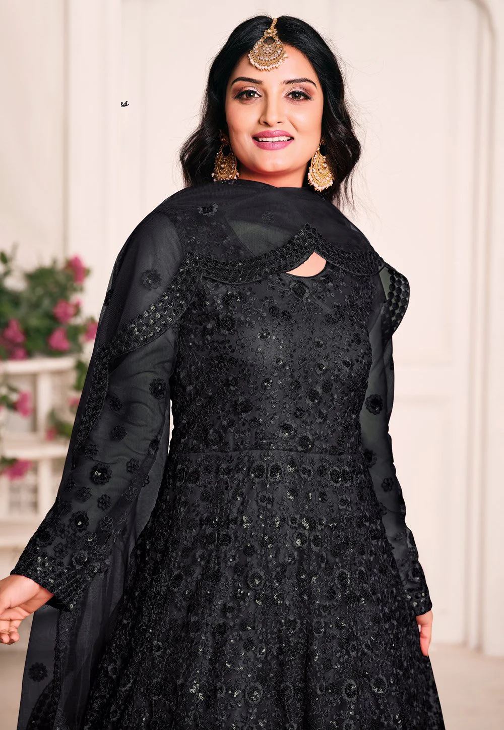 Tempting Black Net Embroidered Abaya Style Anarkali Suit - Image 2