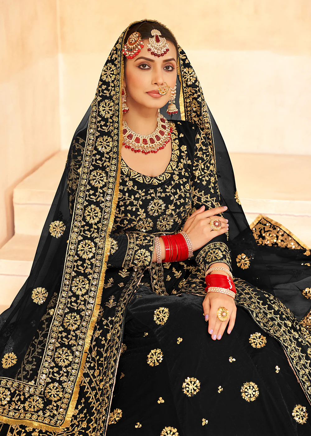 Tempting Black Anarkali Style Velvet Wedding Lehenga Choli - Image 2
