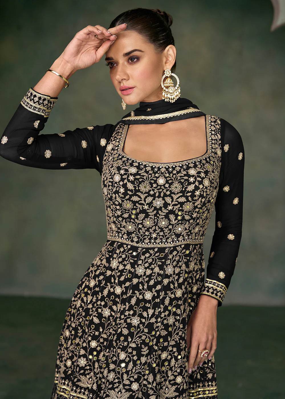 Tempting Black Georgette Embroidered Wedding Anarkali Suit - Image 2