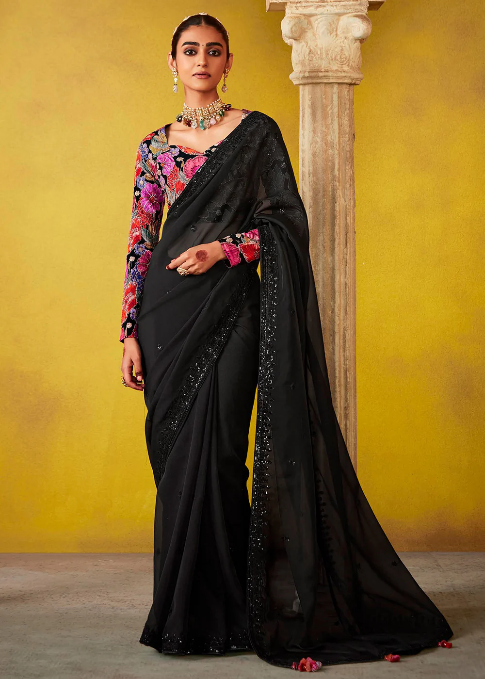 Tempting Black & Pink Fancy Silk Festive Wear Saree