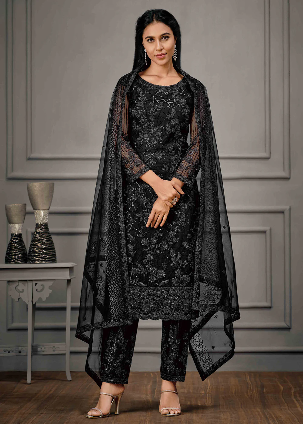 Tempting Black Wedding Wear Net Embroidered Salwar Suit