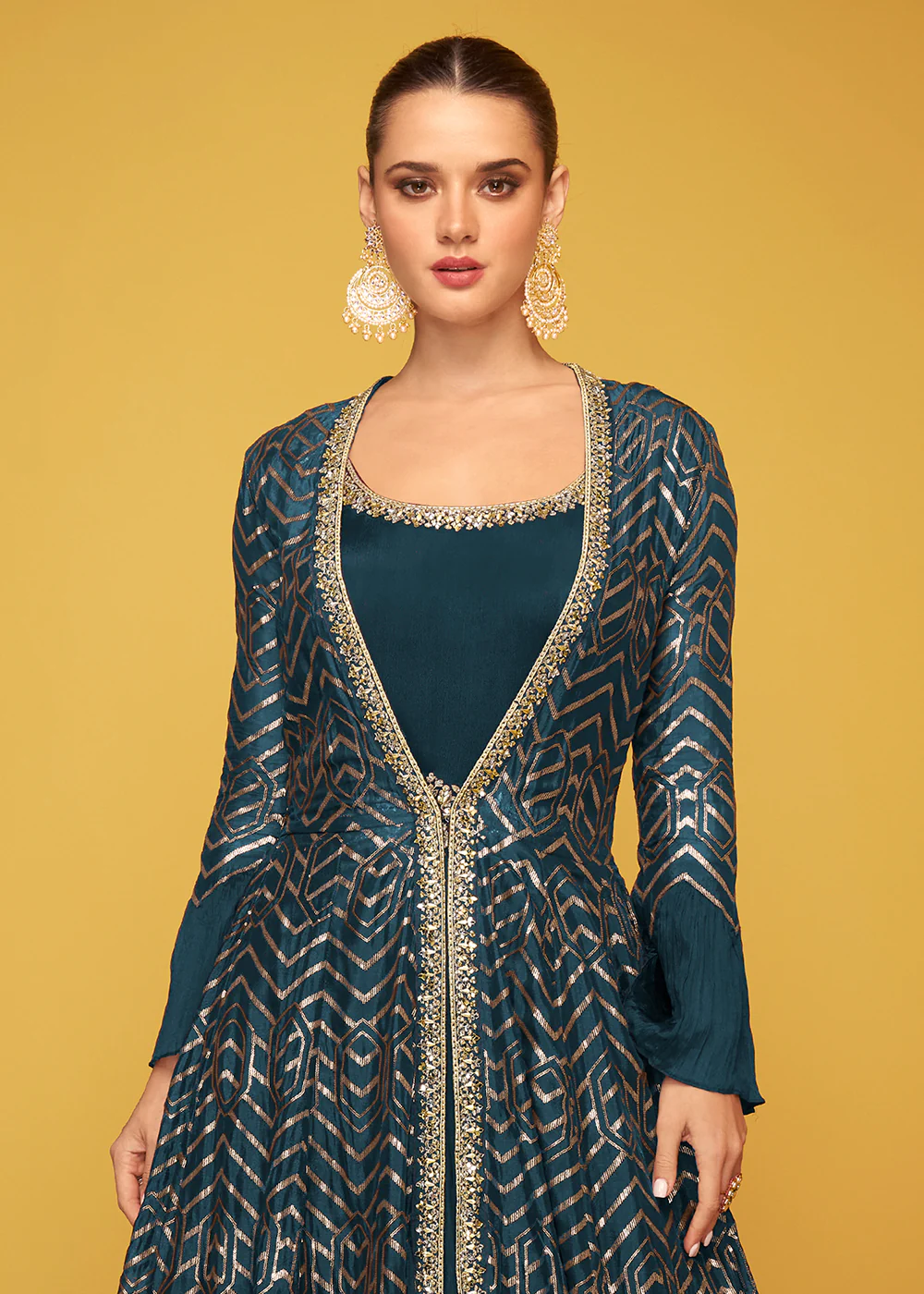 Tempting Blue Chinon Fabric Jacket Style Designer Anarkali Gown - Image 2