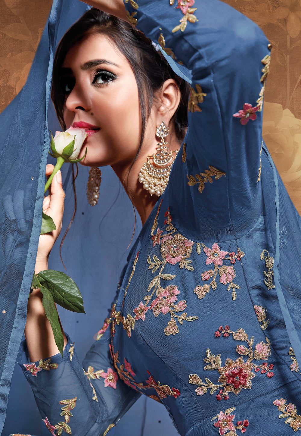 Tempting Blue Net Embroidered Floor Length Anarkali Suit - Image 2