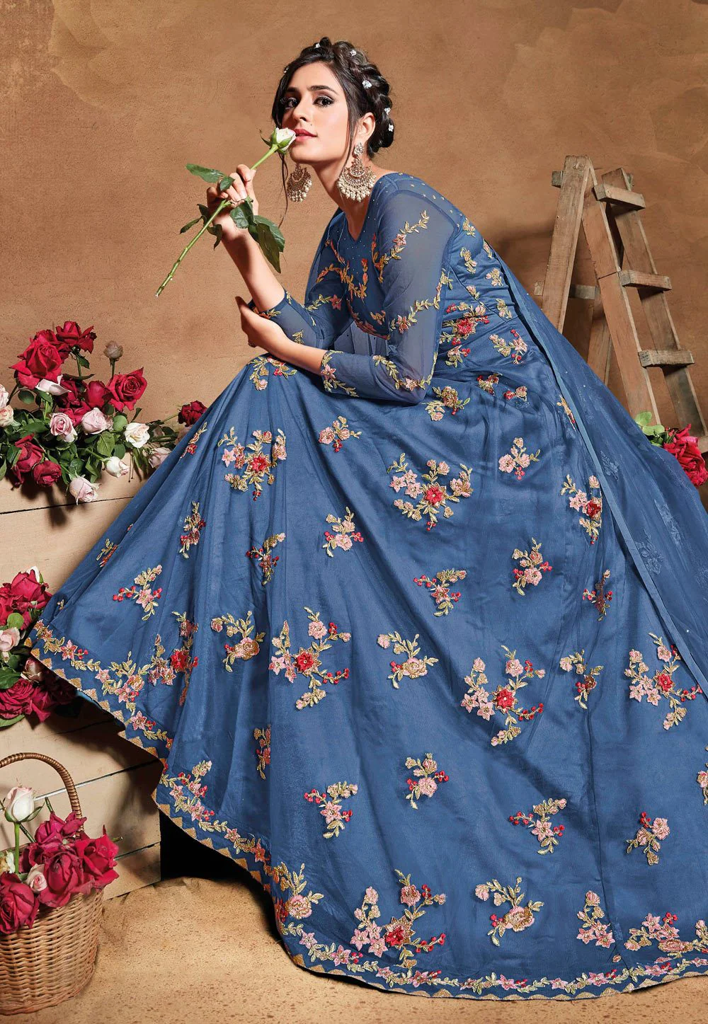 Tempting Blue Net Embroidered Floor Length Anarkali Suit - Image 3